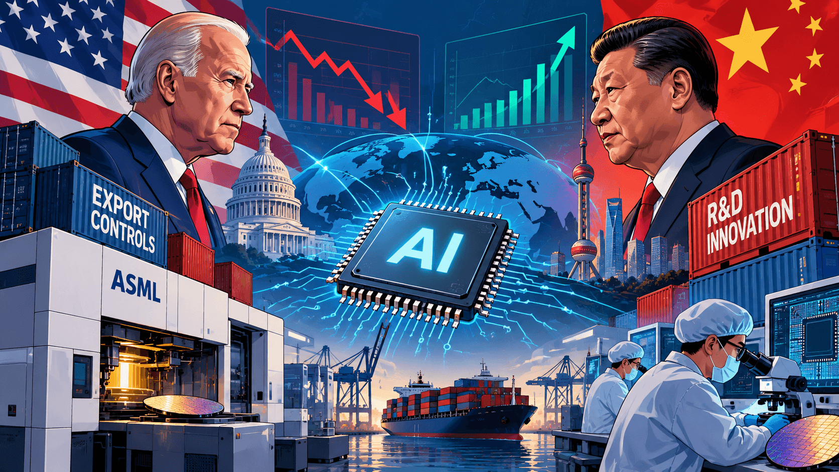 AI-generated illustration representing the US-China technology rivalry, featuring artificial intelligence and semiconductor technology.