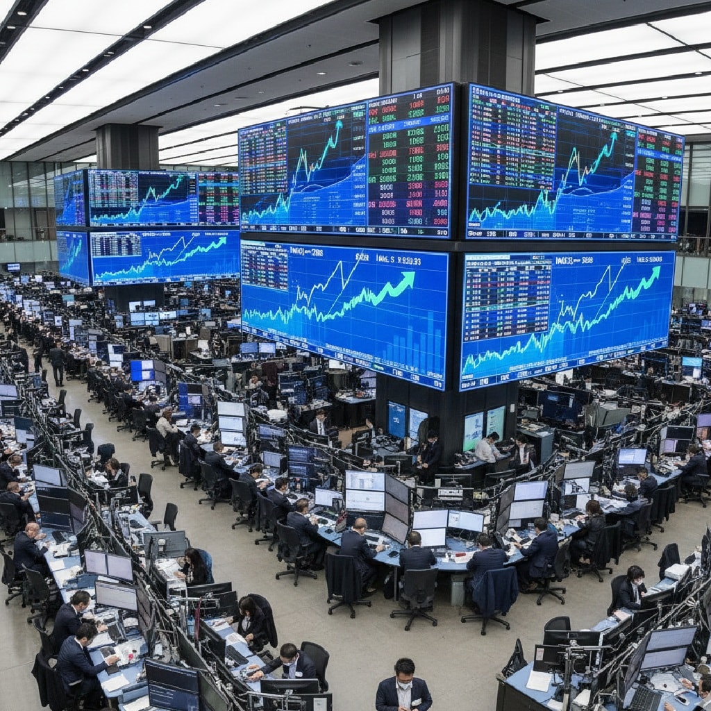 منظر عام لبورصة يابانية، بشاشات عرض كبيرة تُظهر اتجاهات مؤشر تداول، ومتداولون يراقبون الأسهم