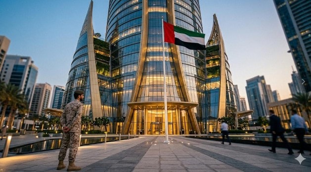 مبنى حديث يرمز للاستثمار السيادي مع خلفية عسكرية