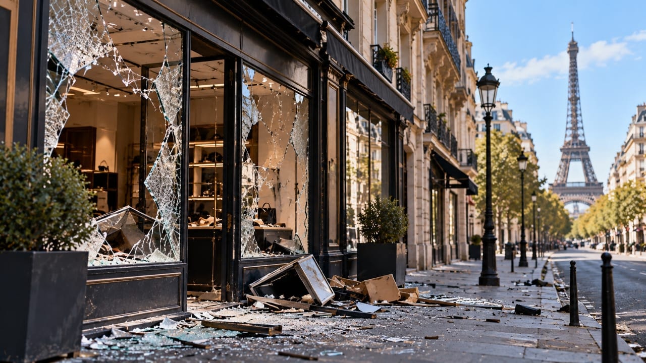  AI-generated illustration of damaged shop windows and scattered debris on a Paris street, with the Eiffel Tower in the background