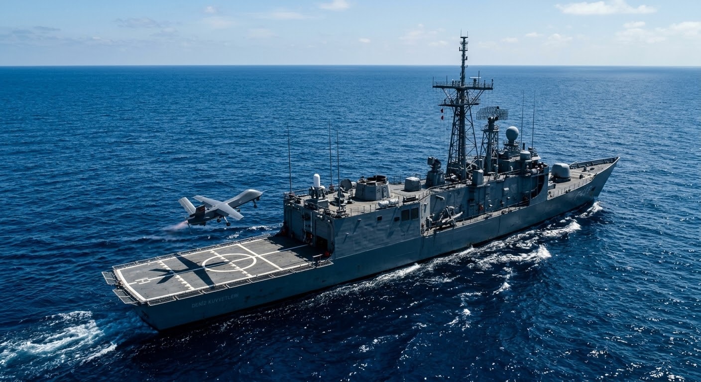 An aerial view of a Turkish military naval frigate sailing in the vast blue waters of the Indian Ocean during a vertical takeoff and landing drone flight test
