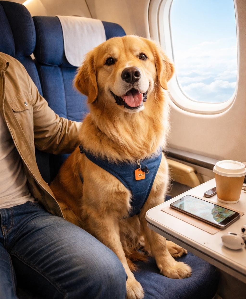  كلب كبير يجلس بجانب صاحبه في مقصورة طائرة أثناء رحلة داخلية