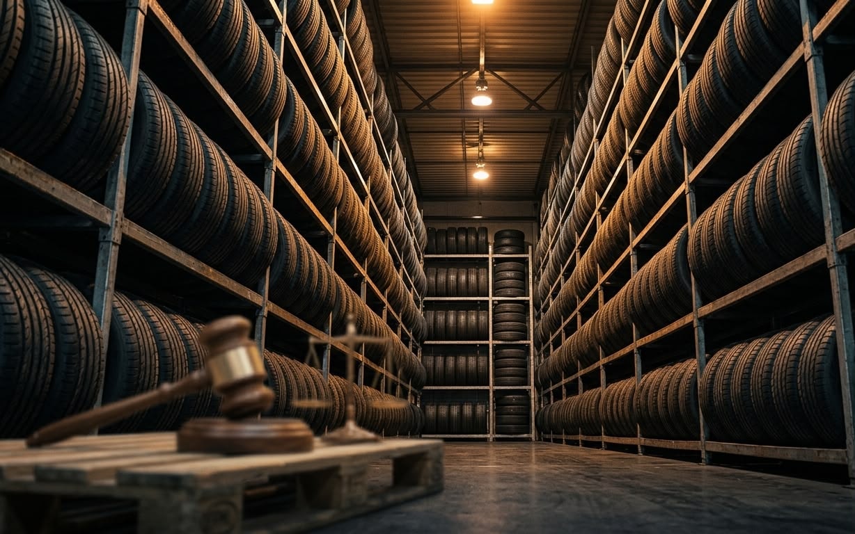 رفوف مليئة بالإطارات مع مطرقة القاضي وميزان العدالة ai