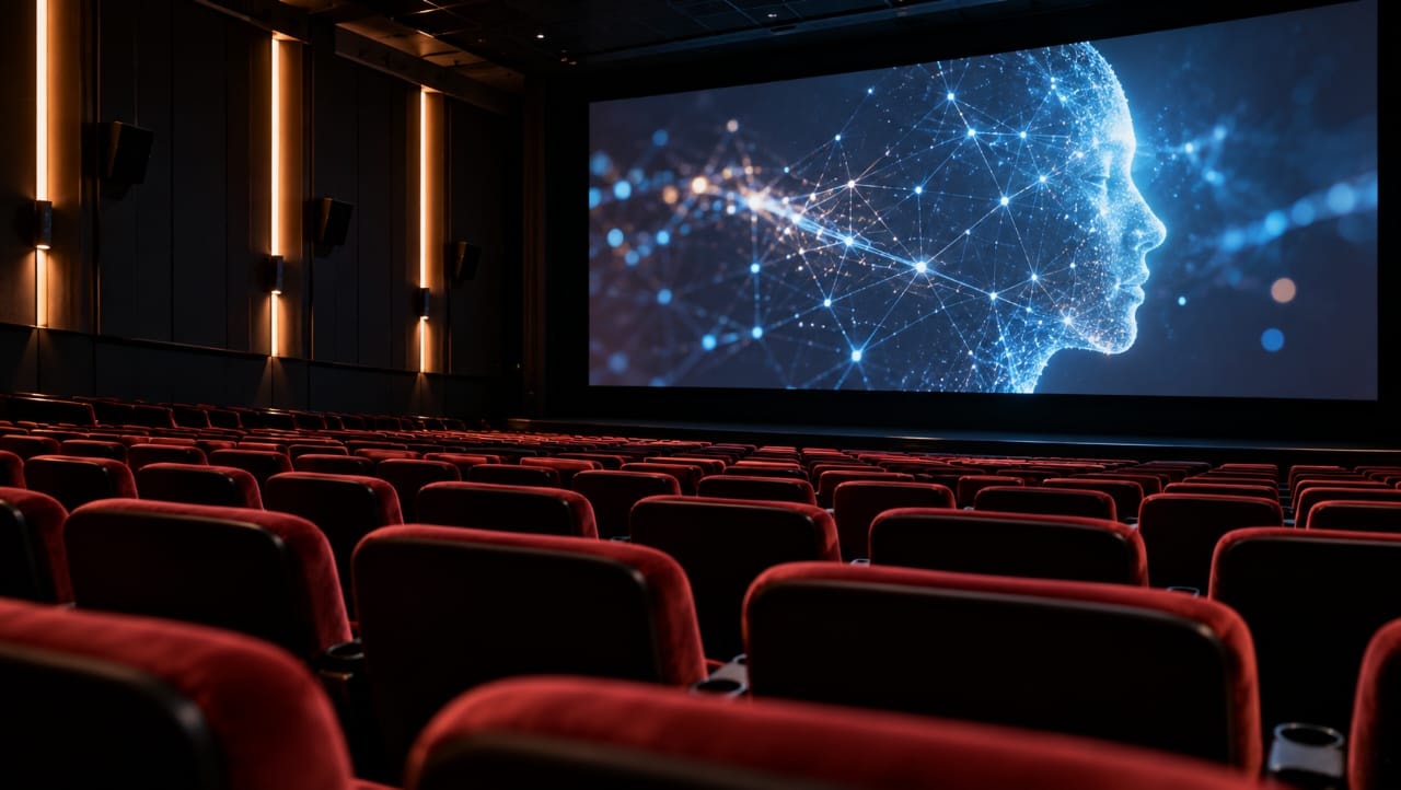 AI-generated illustration of an empty movie theater with a large screen displaying a digital face made of glowing blue networks, symbolizing the use of artificial intelligence in filmmaking.