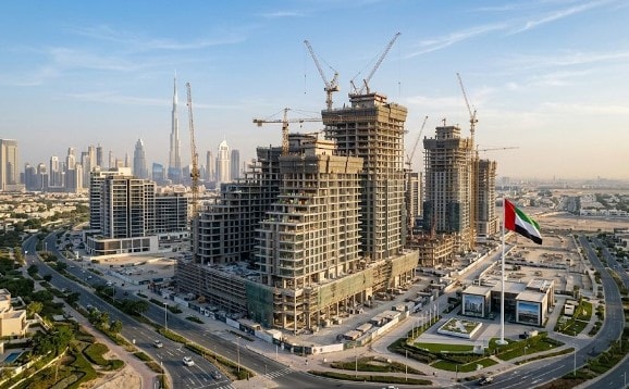 صورة لأفق دبي الحديث مع مشروع عقاري فاخر قيد الإنشاء في منطقة دبي هيلز، مع ظهور رافعات البناء والأبراج الحديثة لإبراز الاستثمارات العقارية الكبرى في الإمارة.