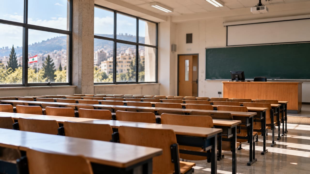  AI-generated illustration of an empty university lecture hall in Lebanon, symbolizing the ongoing strike by Lebanese University contract professors