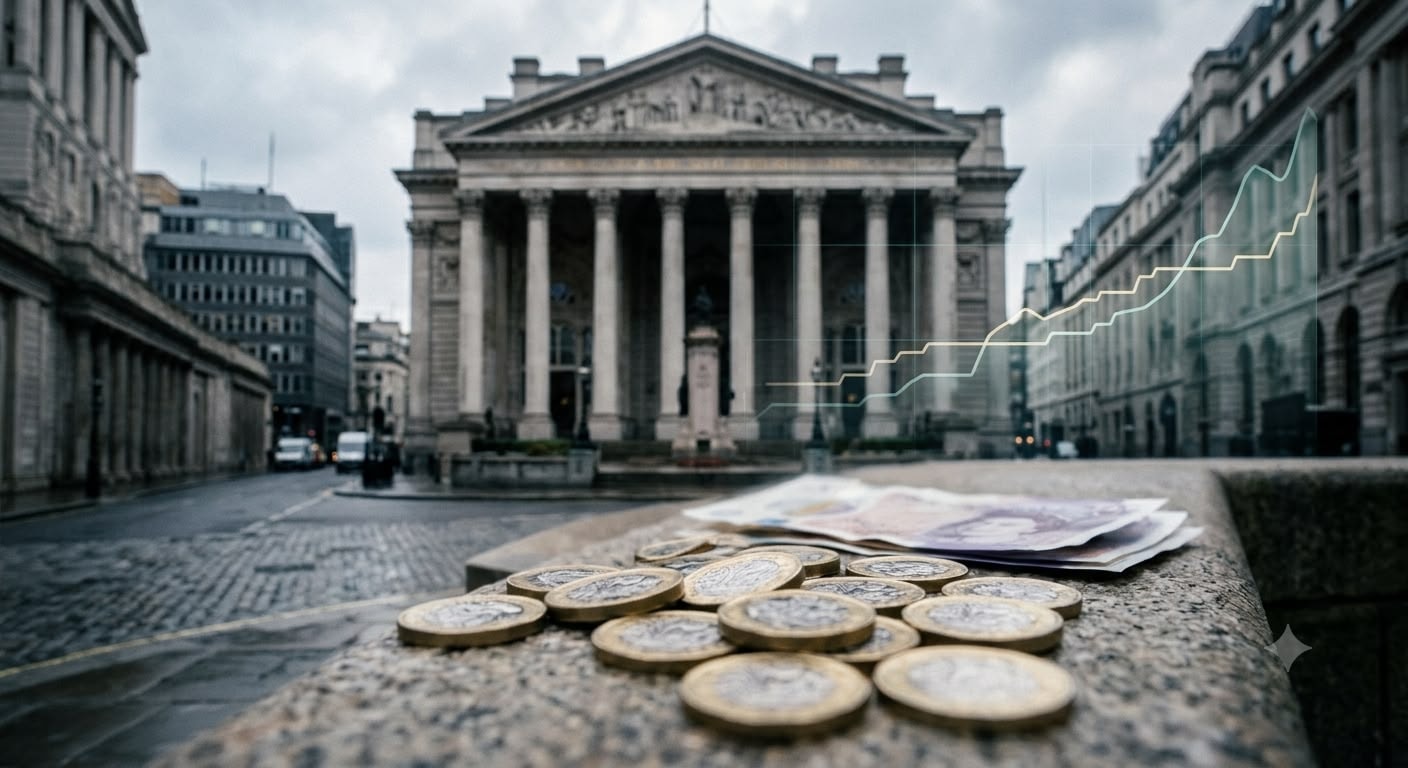 عملات وأوراق نقدية بريطانية أمام مبنى تاريخي في لندن مع مؤشر بياني يظهر ارتفاع ai