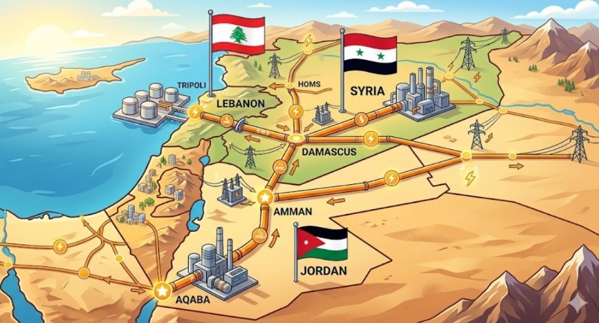 خط أنابيب غاز في خريطة للربط الطاقة بين الأردن وسوريا ولبنان