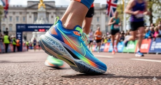 عداءة تستخدم حذاء سباق حديث عالي التقنية خلال ماراثون لندن مع تركيز على التصميم المبتكر للحذاء