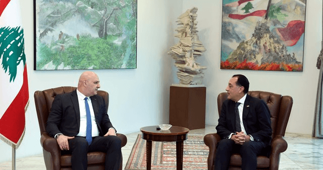 خلال لقاء رئيس الجمهورية اللبناني مع رئيس الوزراء المصري في قصر بعبدا (وطنية)