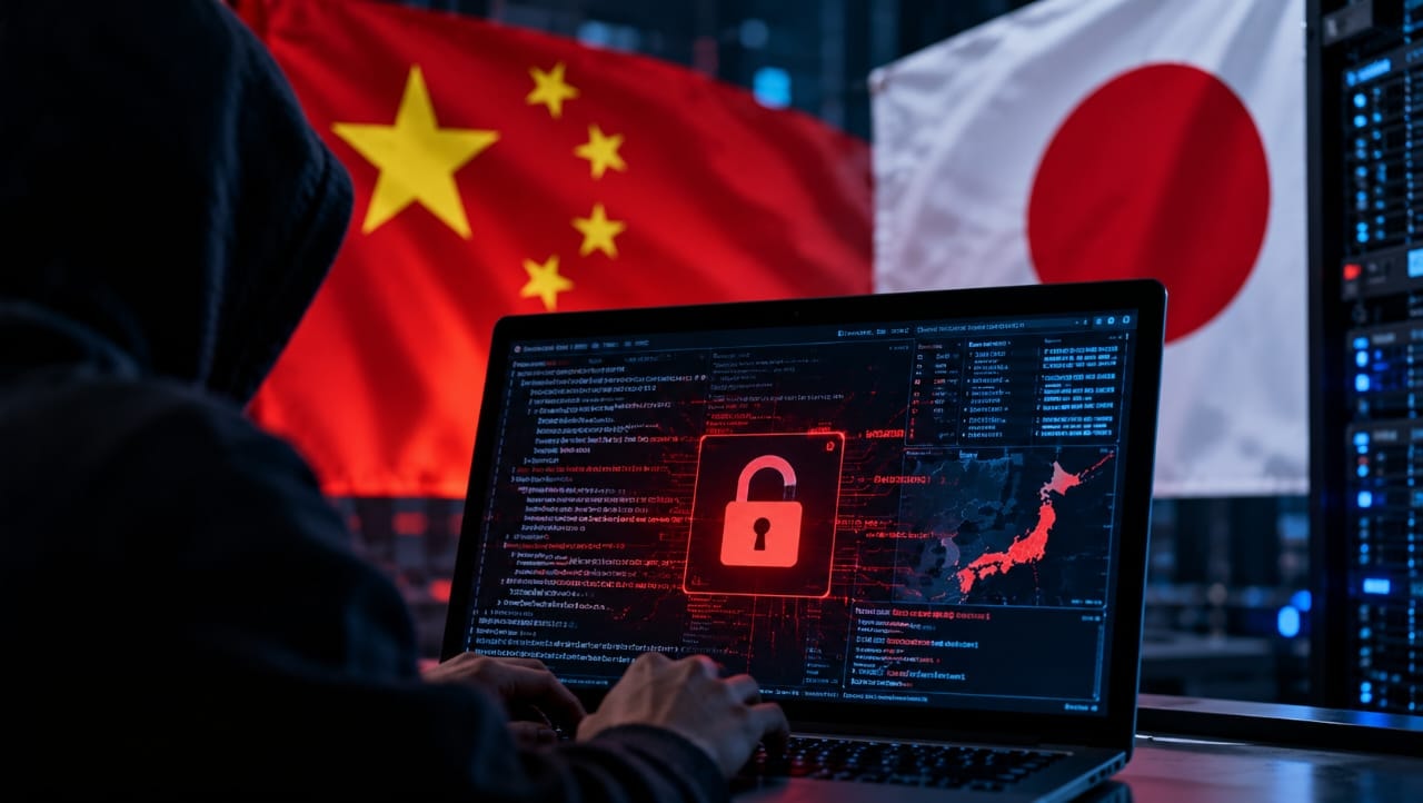 AI-generated illustration of a hooded figure using a laptop displaying a cybersecurity warning and a map of Japan, with Chinese and Japanese flags in the background, symbolizing reported cyberattacks involving the Artex AI tool.