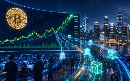 شاشة تداول مالية تعرض صعود بيتكوين إلى 80 ألف دولار مع مؤشرات استثمار مؤسسي وخلفية مدينة ليلية
