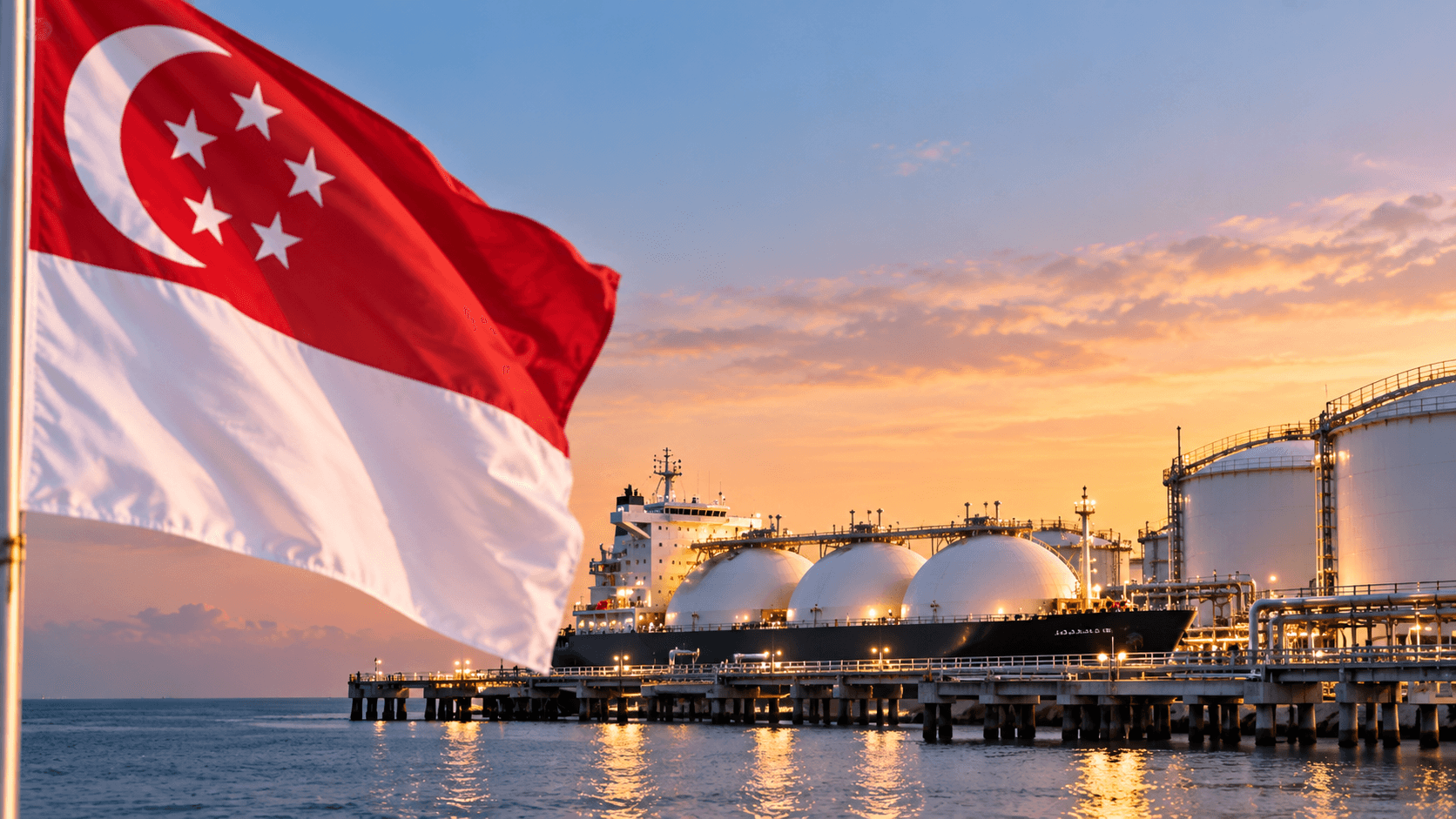 AI-generated illustration of Singapore's energy security efforts, featuring the Singaporean flag, a liquefied natural gas tanker, and LNG storage facilities at sunset.