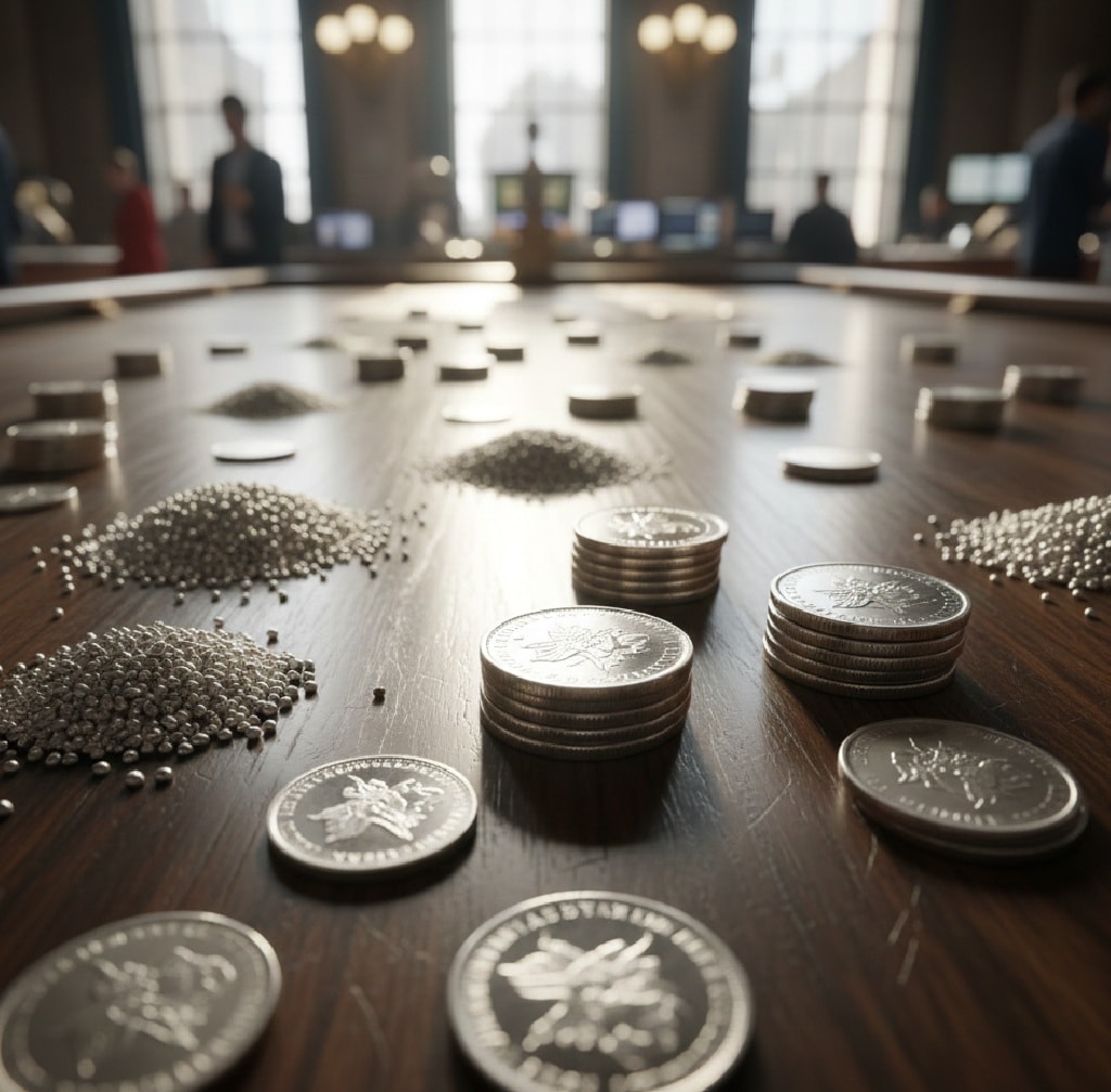 سبائك الفضة والعملات الفضية موضوعة على طاولة تداول في سوق عالمي