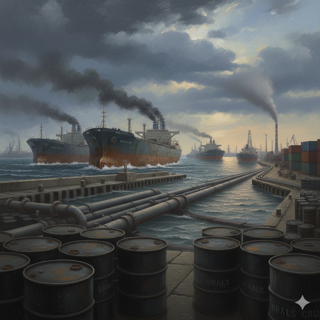 ناقلات وبراميل خام الأورال الروسي في موانئ التصدير تواجه تراجعاً حاداً وأكبر خصم سعري إثر تفاقم العقوبات الغربية.(AI)