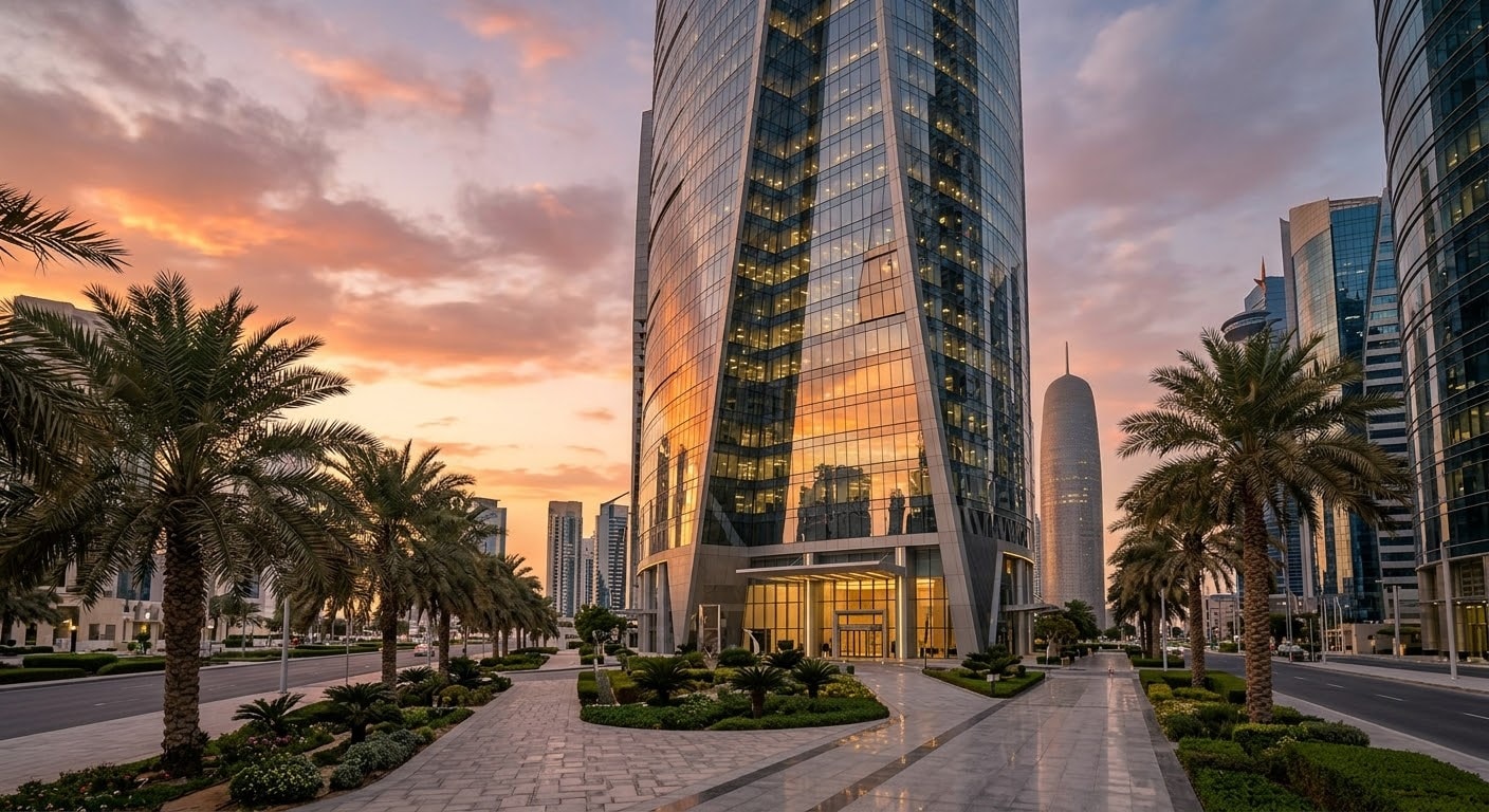 Modern corporate office skyscraper in Doha financial district with a sleek glass facade and palm trees at sunset