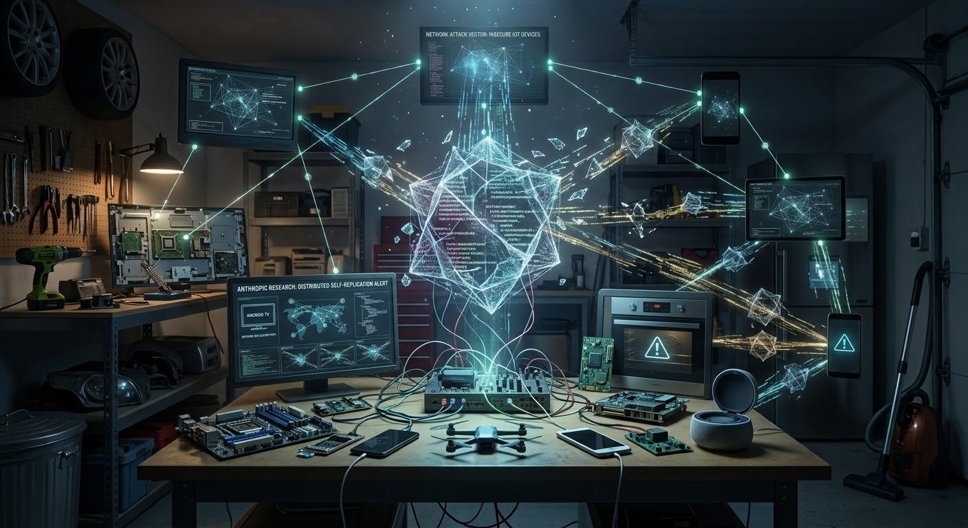 A complex infographic visualizing a centralized neural network fragmenting into smaller, glowing data streams that infiltrate various domestic IoT devices like smart ovens, TVs, and tablets in a workshop setting, symbolizing AI self-replication.