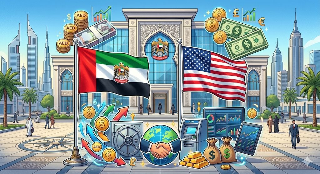 علم الإمارات والولايات المتحدة مع رموز مالية