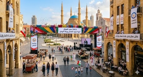 لافتات عيد العمال في بيروت مع خلفية المدينة