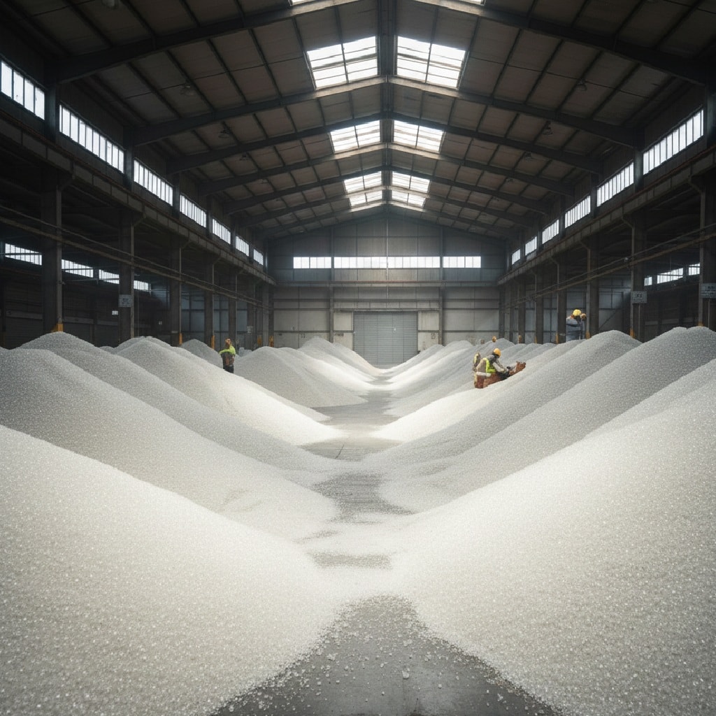 مشهد أكوام كبيرة من السكر في مستودع تجاري.