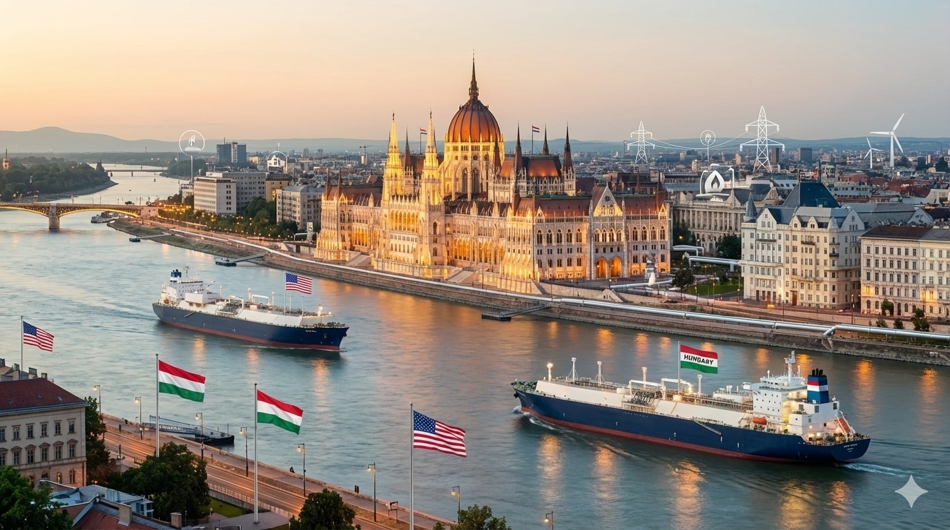 ناقلات غاز وأعلام أميركية ومجرية أمام البرلمان في بودابست تجسيداً لشراكة الطاقة بين البلدين. (AI) 