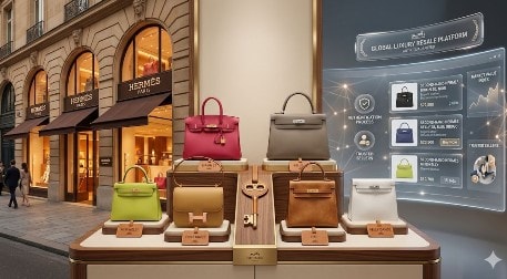 حقائب هيرميس مع واجهة متجر فاخر وسوق إعادة بيع رقمي في الخلفية