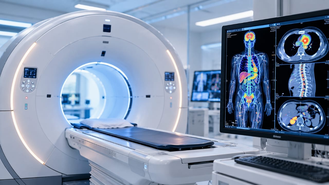 AI-generated illustration of a modern PET/CT scanner in a medical imaging room, with a monitor displaying colorful diagnostic body scans, symbolizing advances in rapid cancer imaging technology.