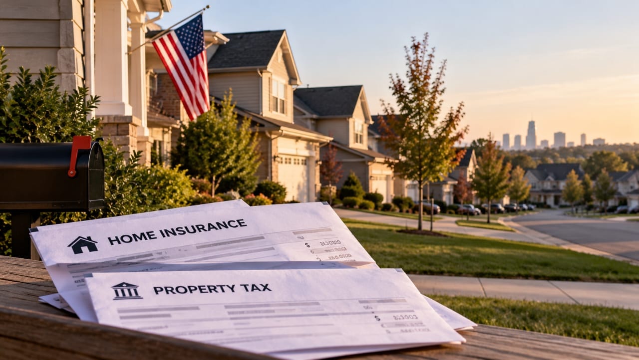 AI-generated illustration of American suburban homes with home insurance and property tax documents in the foreground, symbolizing rising insurance costs and financial pressure on US homeowners.