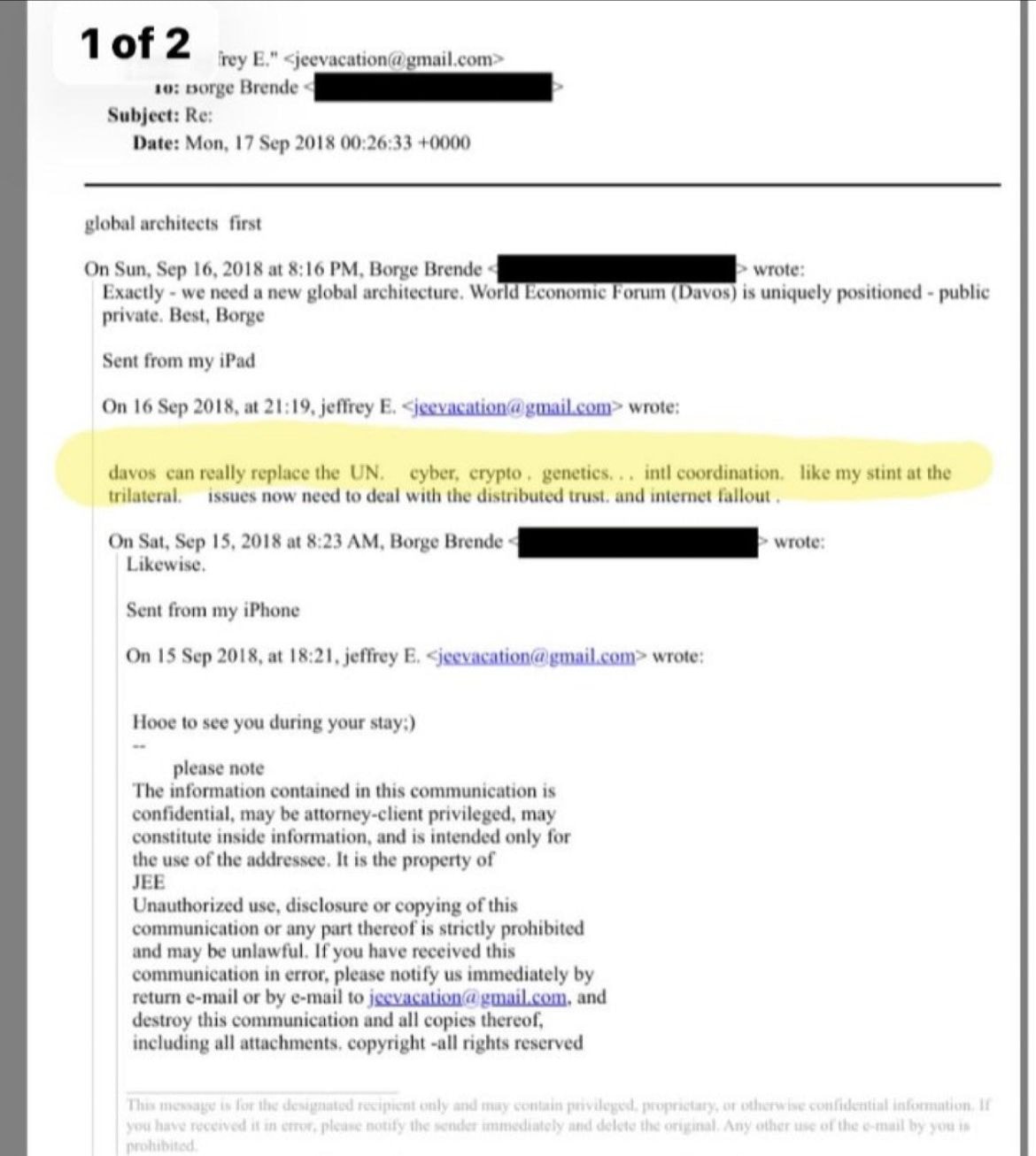 لقطة شاشة لبعض الرسائل الإلكترونية التي أرسلها جيفري إبستين لتنظيم لقاءات مع مسؤولين ونخبة في دافوس، فبراير  2026