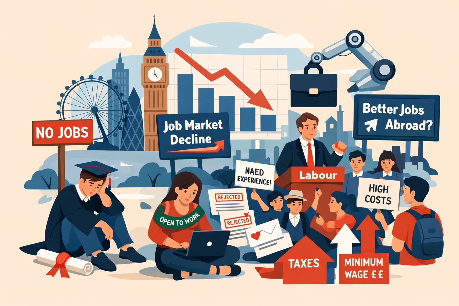 ارتفاع معدلات البطالة لدى الخريجين بفعل ارتفاع الحد الأدنى للأجور يفضي إلى احتجاجات على سياسات حزب العمال ويفتح الباب أمام هجرة الأدمغة