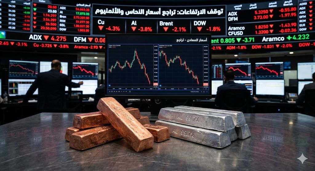 سبائك نحاس وألمنيوم في مقدمة الصورة مع خلفية شاشة تداول هابطة وأسهم متقلبة، لإبراز فكرة توقف الارتفاعات وتراجع الأسعار