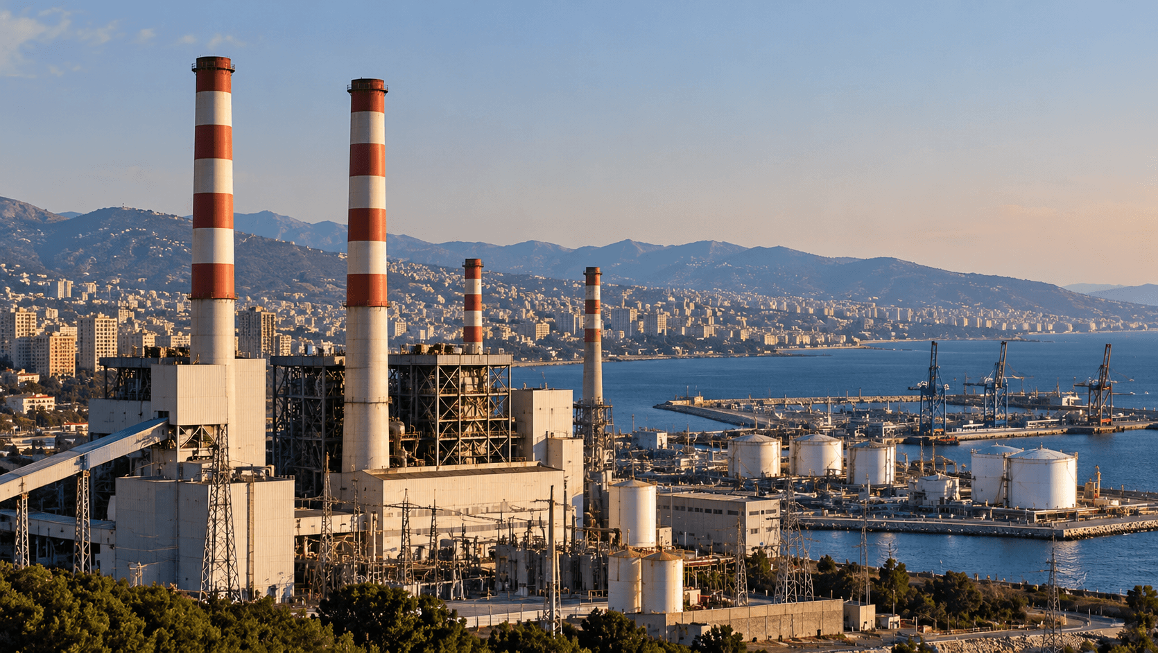 AI-generated illustration of a coastal power plant with industrial smokestacks and oil storage facilities near a harbor, symbolizing concerns over energy sector contracts in Lebanon.