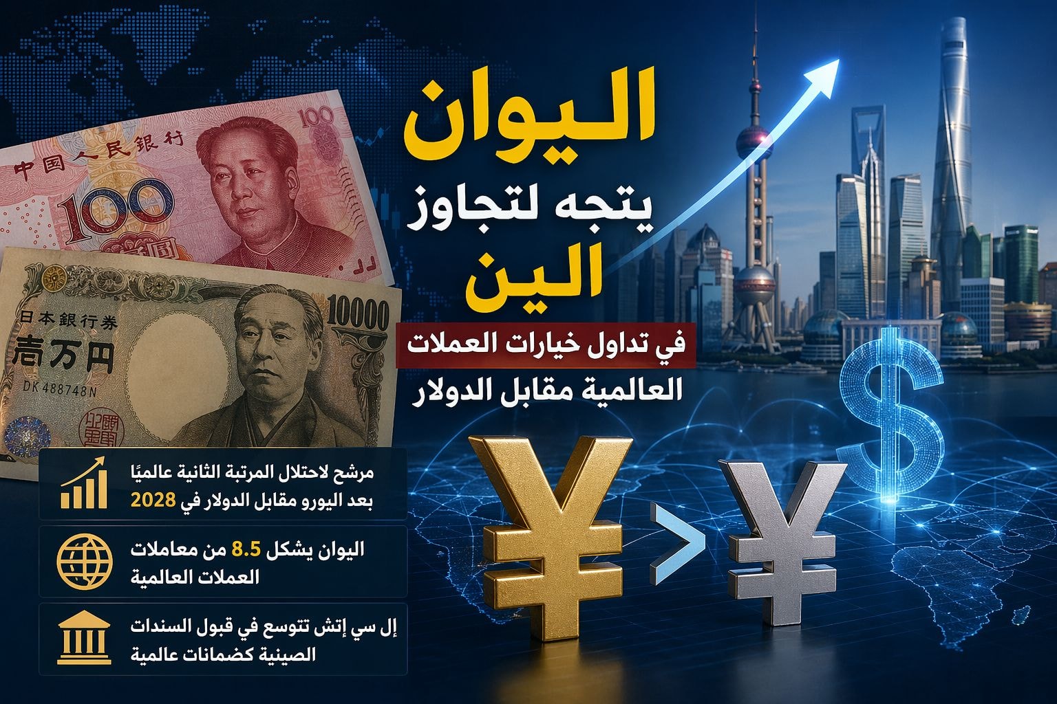 إنفوغراف مالي يوضح صعود اليوان الصيني مقابل الين الياباني في أسواق تداول العملات العالمية