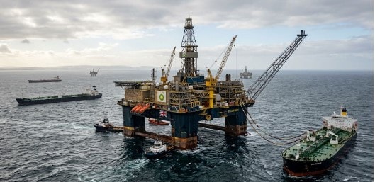 منصة نفط بحرية تابعة لشركة بي.بي في عرض البحر مع ناقلات نفط تعمل في نقل الخام وسط تقلبات أسعار الطاقة العالمية