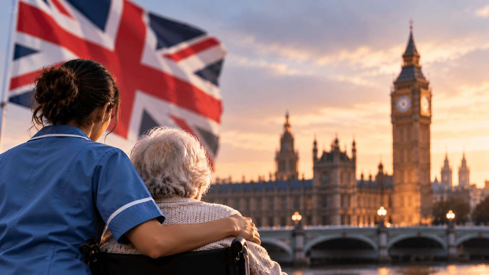 AI-generated illustration of a caregiver assisting an elderly person in a wheelchair, with the British flag and London's Big Ben in the background, symbolizing the impact of UK immigration restrictions on the care sector.