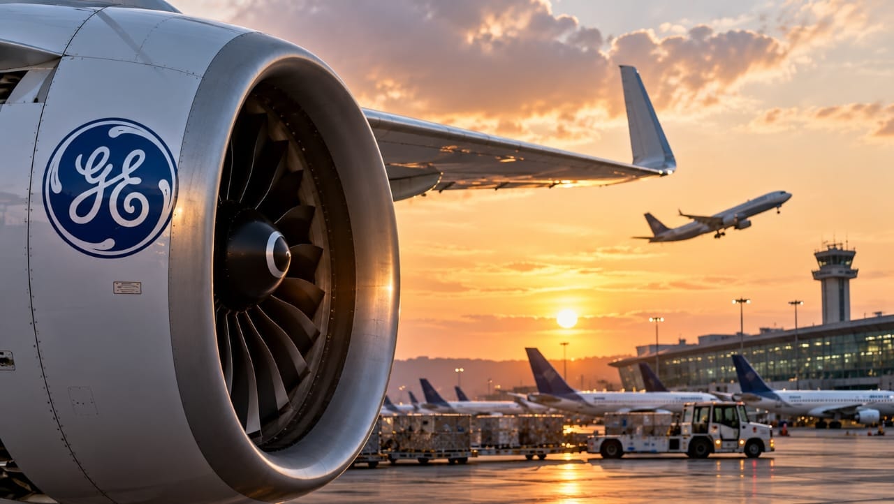 AI-generated illustration of a GE aircraft engine at an airport during sunset, with passenger planes in the background, symbolizing strong engine demand and growth in the aviation industry.