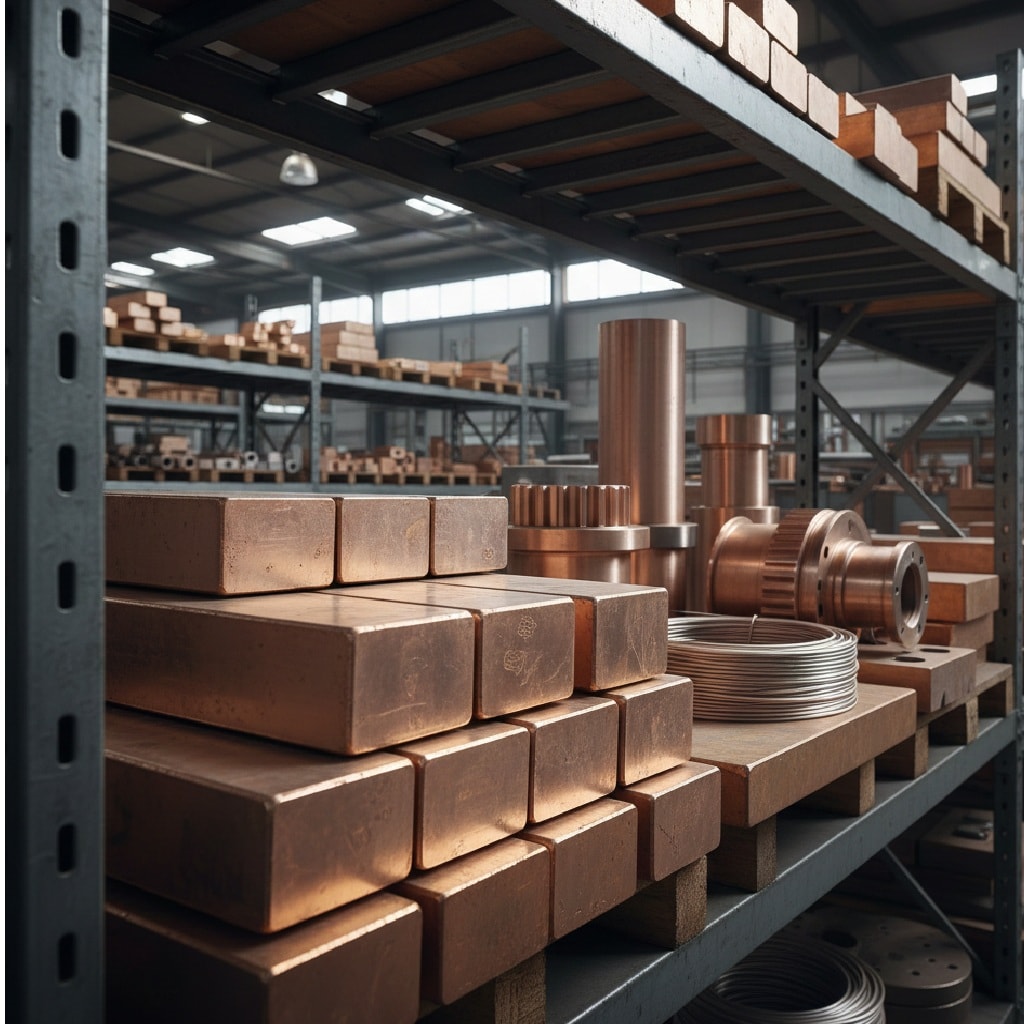 مجموعة سبائك نحاسية وأجزاء مصنوعة من النحاس موضوعة بشكل منظم على منصة صناعية أو في مستودع معدني