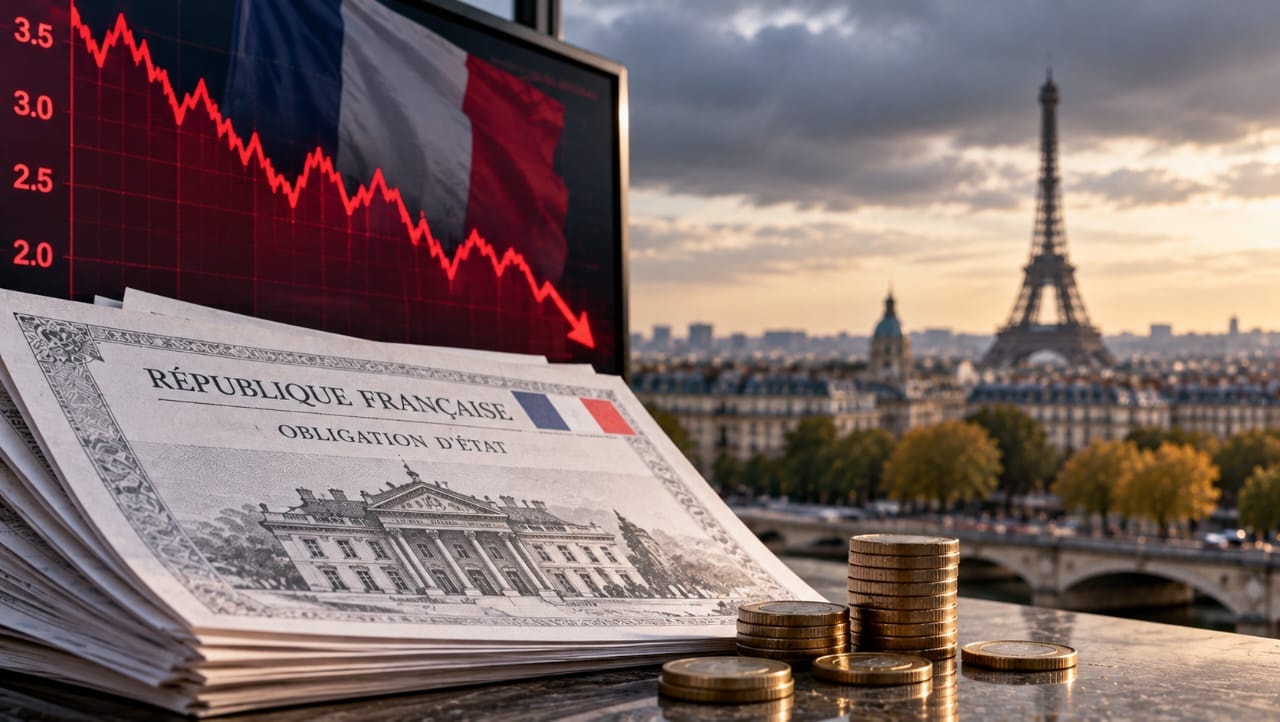 AI-generated illustration of French government bonds, euro coins and a declining financial chart, with the Eiffel Tower in the background, symbolizing the selloff in French bonds amid rising political and fiscal risks.