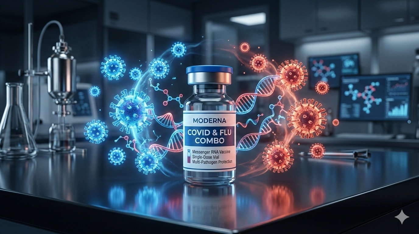 يمثل هذا التصميم ابتكارًا طبيًا يوضح لقاح موديرنا المزدوج للوقاية من كوفيد-19 والإنفلونزا باستخدام تقنية mRNA المتطورة. (AI)