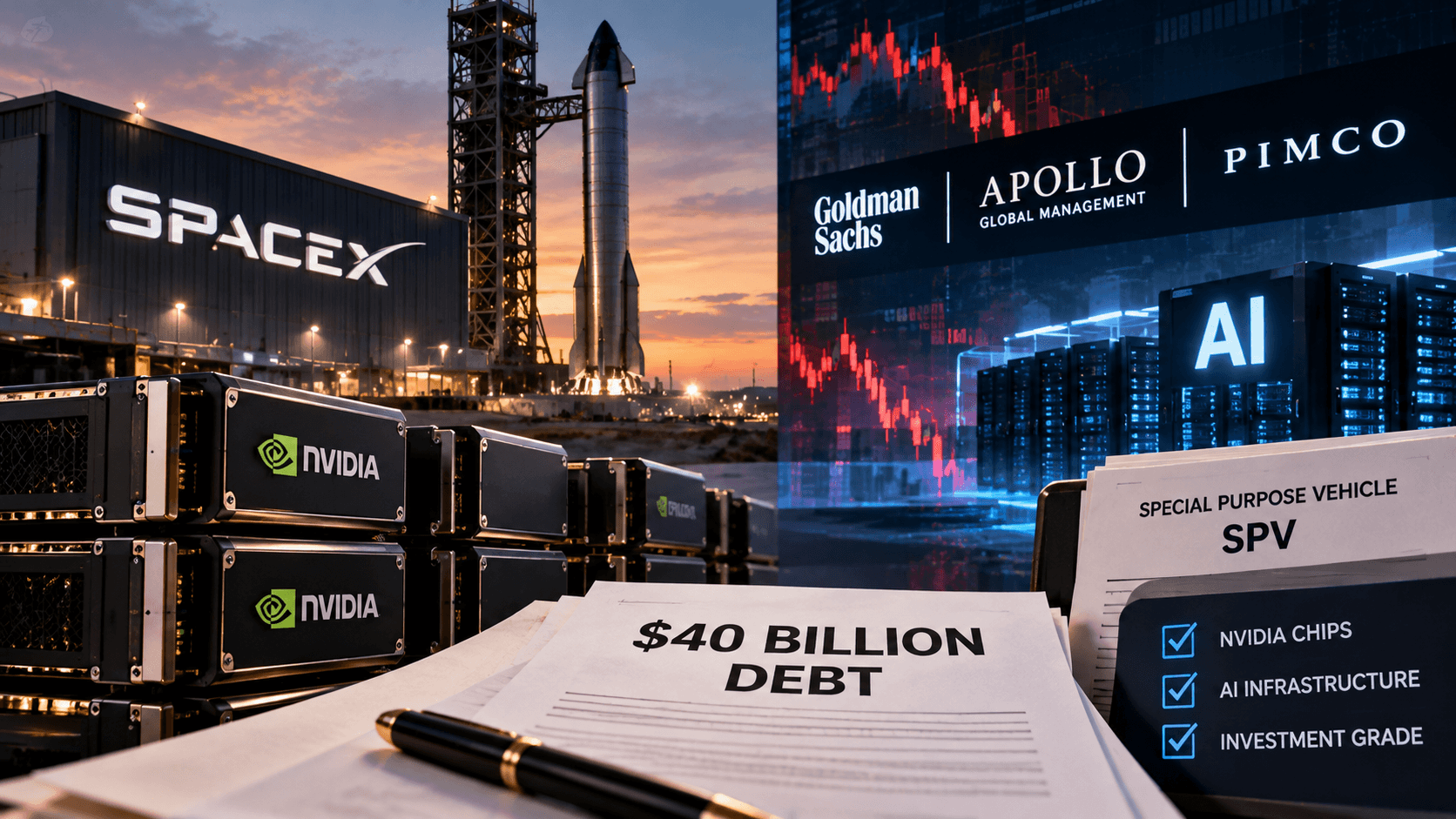 AI-generated illustration of SpaceX's proposed $40 billion AI financing plan, featuring Nvidia chips, data center servers, financial market charts, and Goldman Sachs, Apollo and Pimco branding.
