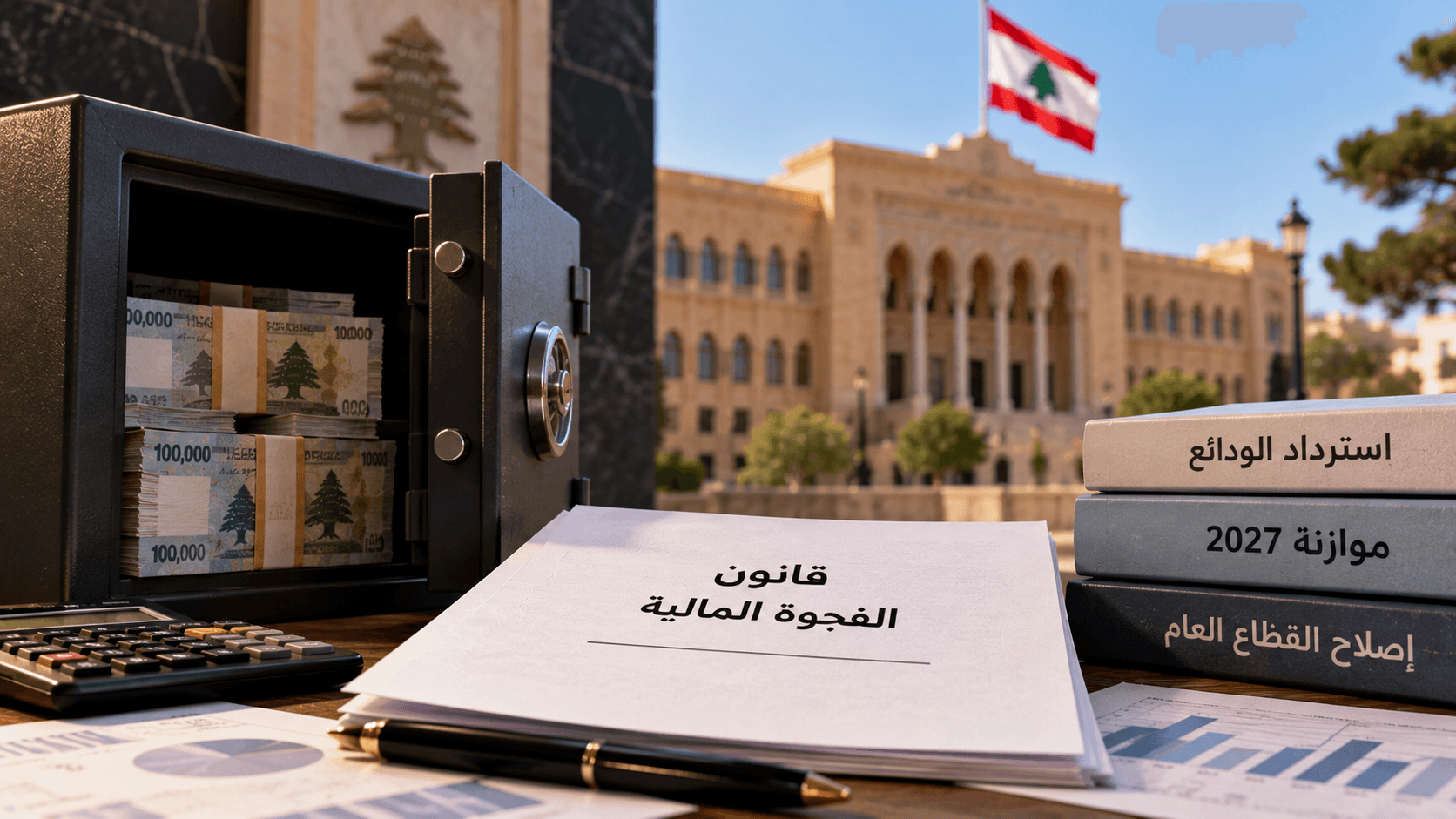 AI-generated illustration of a bank vault containing Lebanese currency, documents representing the financial gap law, and a Lebanese flag, symbolizing efforts to recover bank deposits in Lebanon.