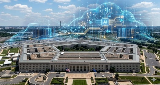 مبنى البنتاجون في واشنطن مع تمثيل تقني للذكاء الاصطناعي في الخلفية