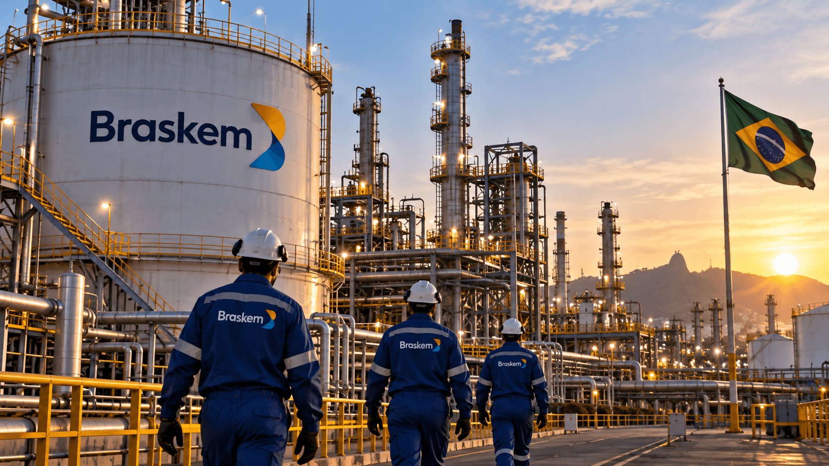 AI-generated illustration of a Braskem petrochemical plant in Brazil, featuring industrial processing facilities, workers in blue uniforms, and the Brazilian flag, representing the company's $11 billion debt restructuring.