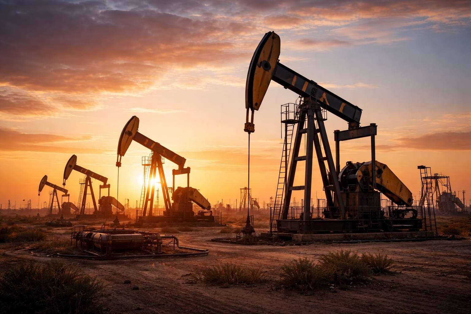 مضخات نفط تعمل في حقل نفطي وتعكس مخاوف من اضطرابات محتملة في الإمدادات العالمية