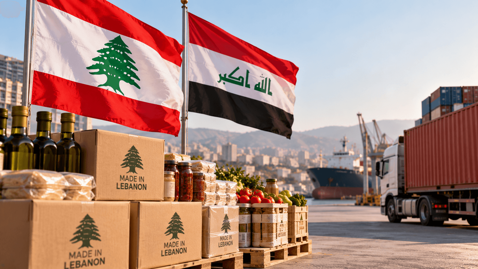 AI-generated illustration of Lebanese exports, including agricultural and industrial products, displayed alongside the Lebanese and Iraqi flags, representing trade relations between the two countries.