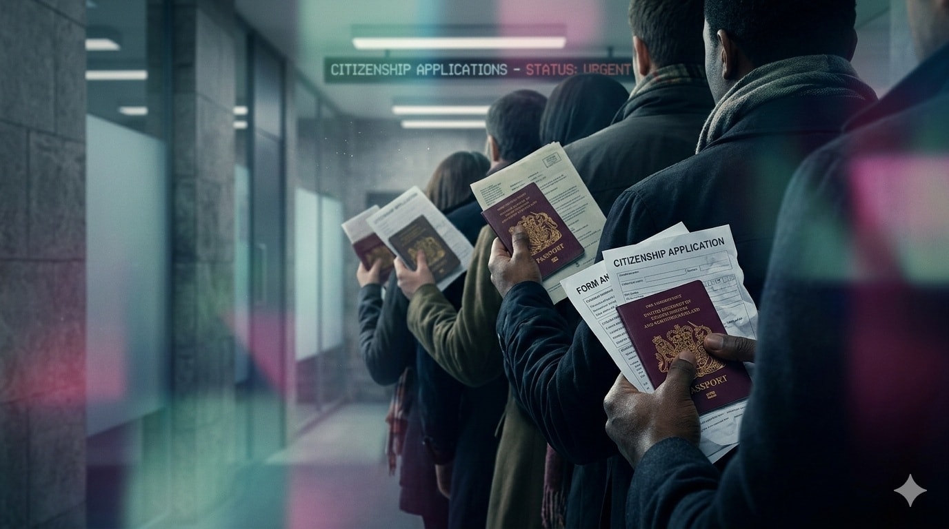 طابور من المتقدمين ينتظرون تقديم طلبات الحصول على الجنسية البريطانية حاملين جوازات السفر والأوراق القانونية وسط حالة من التوتر والترقب. (AI)