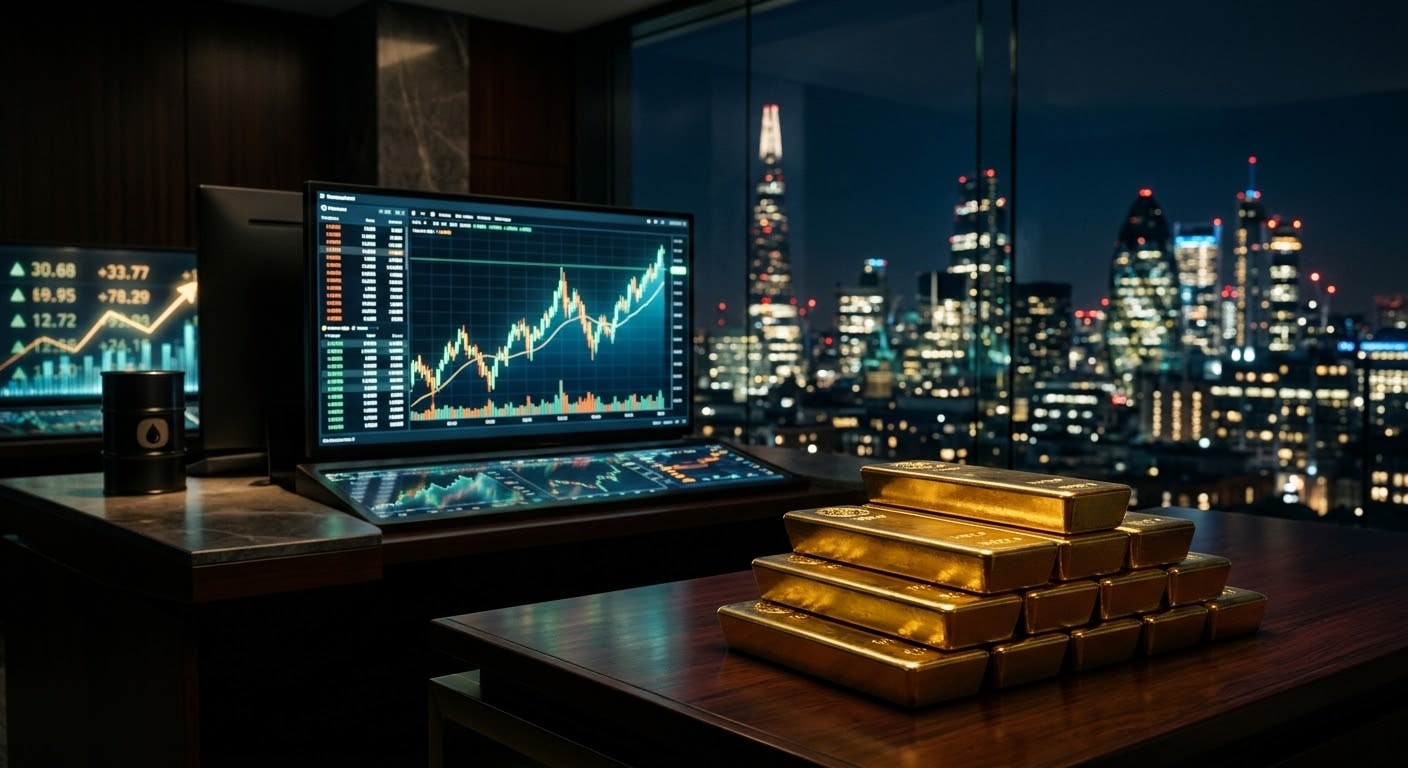 A stack of shiny gold bars on a wooden desk next to financial chart monitors displaying market data, with a dark city skyline in the background.