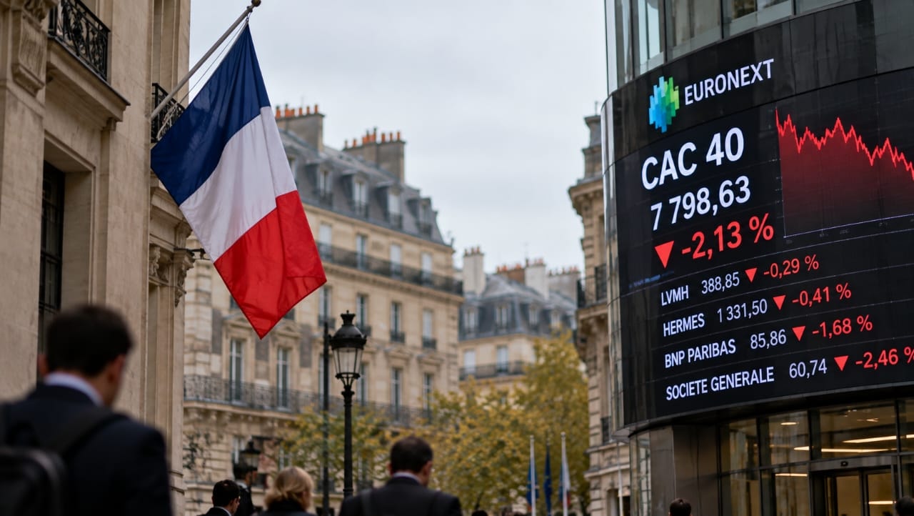 AI-generated illustration of the French flag beside a CAC 40 stock market display showing a declining financial chart, symbolizing growing political risks and short-selling pressure on French equities.