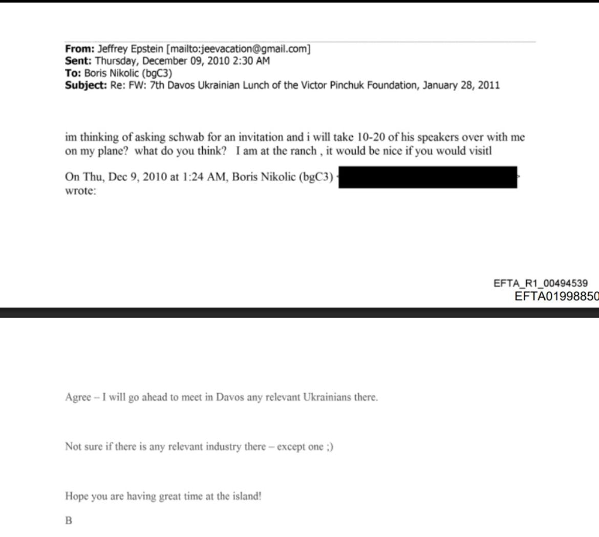 لقطة شاشة لبعض الرسائل الإلكترونية التي أرسلها جيفري إبستين لتنظيم لقاءات مع مسؤولين ونخبة في دافوس، فبراير  2026