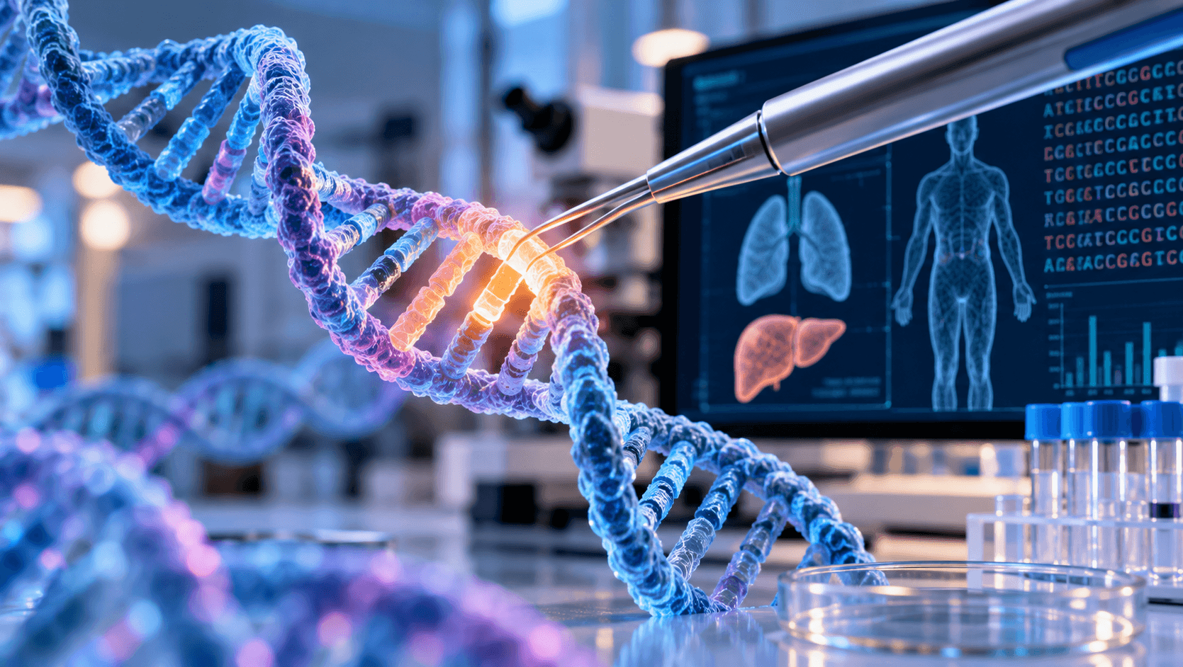 AI-generated illustration of a DNA double helix undergoing precise gene editing in a biotechnology laboratory, symbolizing advances in treatments for inherited genetic diseases.